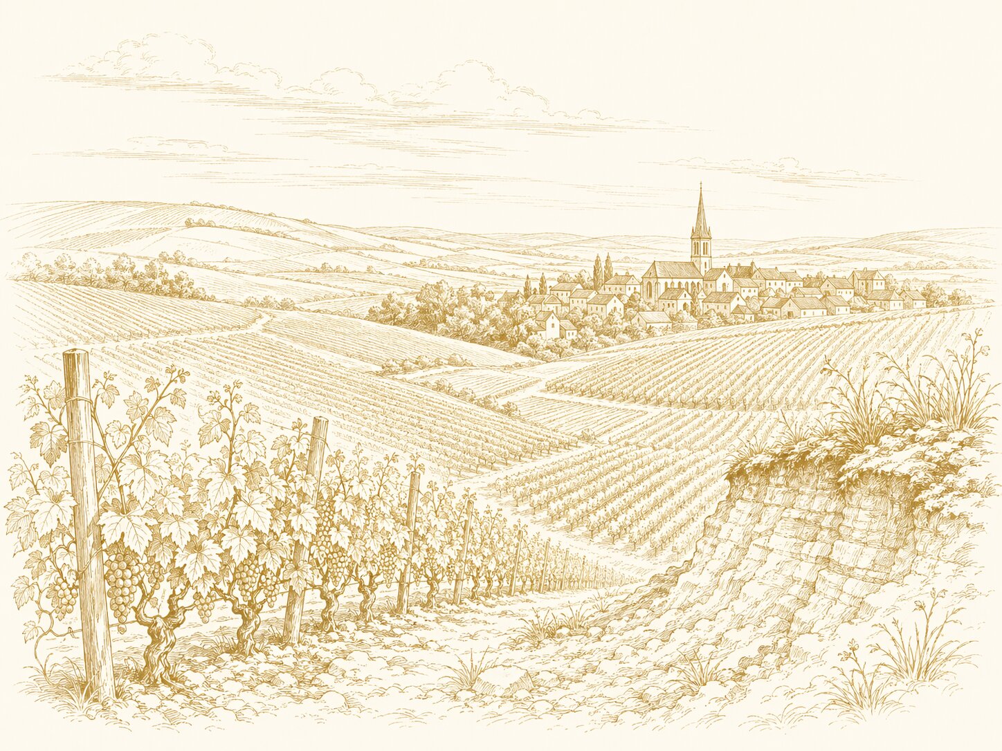 Stylised view of the chalk slopes of the Côte des Blancs planted to Chardonnay