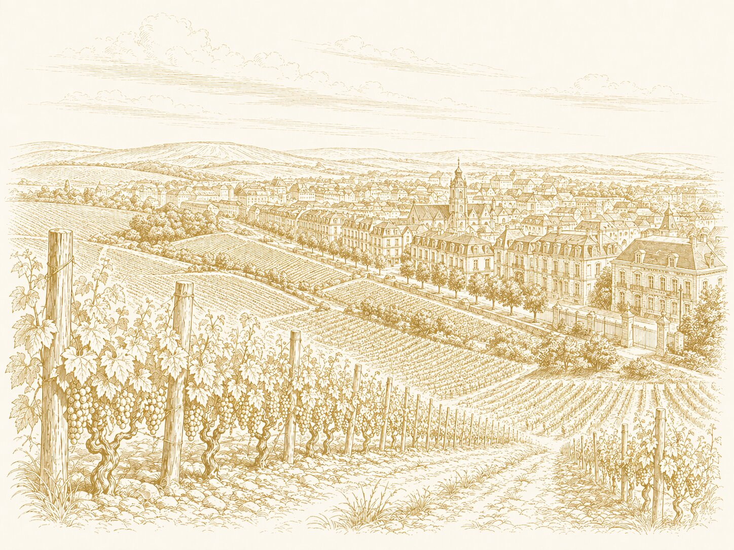 Stylised view of Épernay and the surrounding Marne valley vineyards