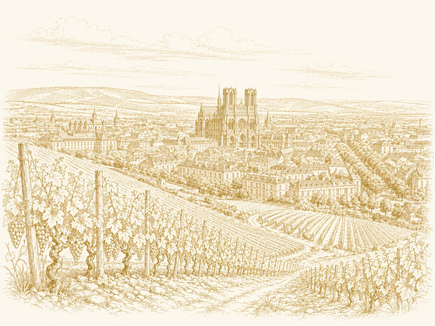 Stylised view of Reims and the surrounding Montagne de Reims vineyards